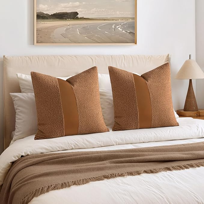 MIULEE Boucle Throw Pillow Covers 22x22 Inch Set of 2 Brown Faux Leather Textured Decorative Pillow Cases Boho Farmhouse Accents Cushion Covers for Couch Bed Livingroom Home Decor