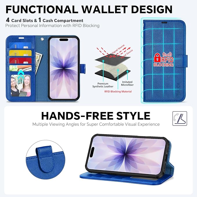 TUCCH 2-in-1 Detachable Wallet Case for iPhone 17 (6.3-inch) 2025, RFID Blocking 4 Card Slot | Wireless Charging | Wrist Strap | Kickstand | Magnetic | PU Leather | Protective Flip Cover | Klein Blue