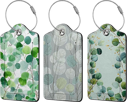 Eucalyptus and Branches Leaf 3 Pack Luggage Tags for Suitcases, PU Leather Baggage Suitcases Tag Name ID Label Privacy Cover Travel Bag Tags for Women Men Boys Girls