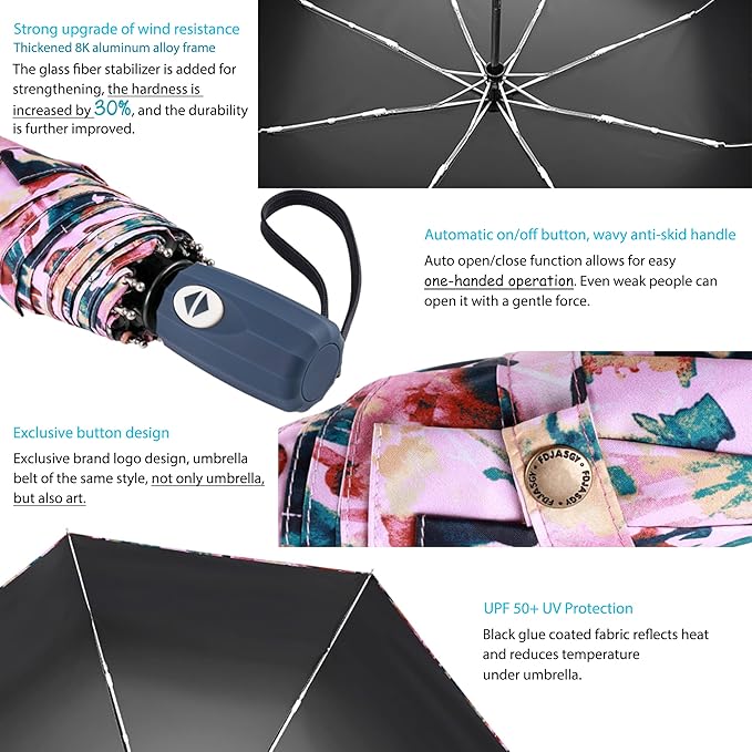 FDJASGY UV Sun Umbrella Compact Folding Travel Umbrella Auto Open Close Compact Folding Rain Umbrellas for Women Men Blocking UV 99.98%