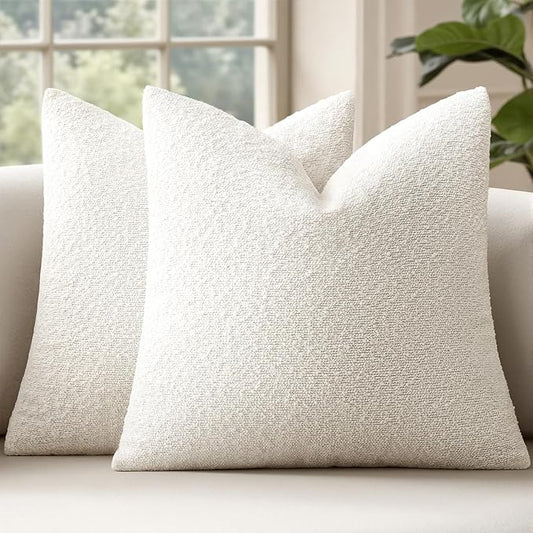 MIULEE 24x24 Decorative Euro Sham Throw Pillows for Bed Set of 2 Textured Boucle Neutral Winter Throw Pillow Covers White Accent Solid Couch Pillowcases Sofa Livingroom Home Decor