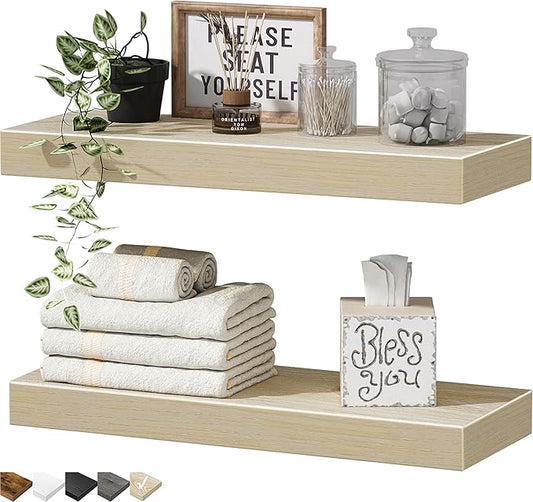 QEEIG Bathroom Floating Shelves for Wall - 15.7" Wall Mounted Shelf Over Toilet Farmhouse Home Decor Display Bookshelf Small 15.7 x 6.7 inch Set of 2, Natural Light Brown (008-40N)