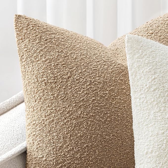 Woaboy Pack of 2 20x20 Inch Decorative Boucle Throw Pillow Covers Textured Square Pillowcaes Accent Solid Cozy Soft Cushion Covers Home Decor for Sofa Couch Living Room Home Decor,Khaki