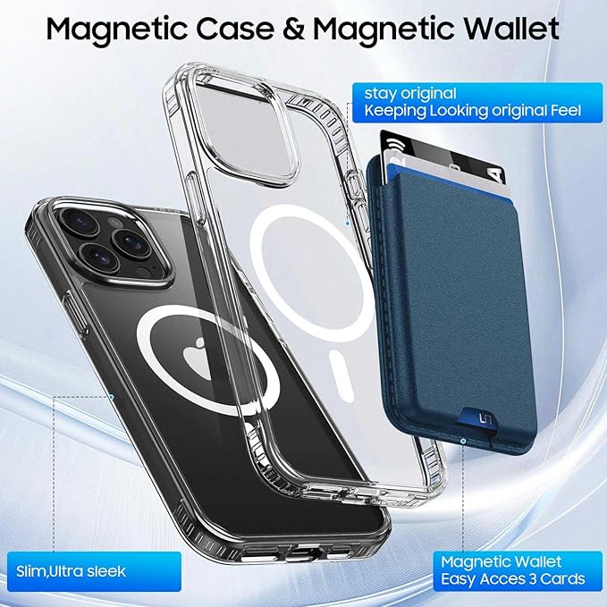 Ntwinro Magnetic for iPhone 14 Pro Clear Case (Compatible with MagSafe) with Blue Detachable Wallet & Card Holder for 3 Cards [RFID Blocking] Military Grade Protective Slim Phone Cover