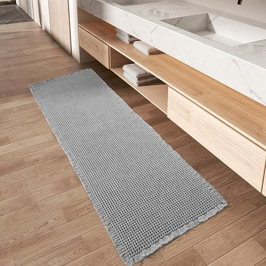 Upgraded Waffle Runner Rug Super Absorbent Non Slip Bath Mats for Bathroom Machine Washable Bathroom Runner Rug with Tassels, Ideal for Hallway Bedroom Laundry Room, Light Grey, 2' x 6'(24" x 72")