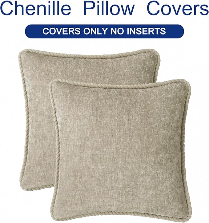 CaliTime Decorative Couch Throw Pillow Covers 16 X 16 Inches Pack of 2 Cozy Chenille Piping Edge Cushion Cases for Sofa Bed Living Room Home Light Taupe