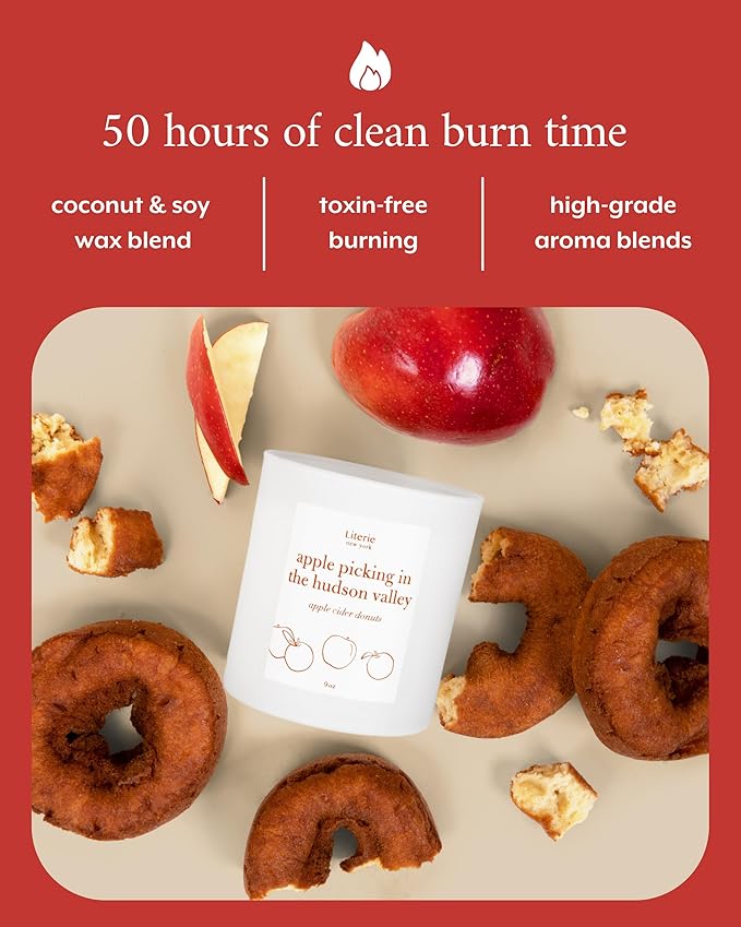 Literie NYC Inspired Scented Candle: Apple Picking in The Hudson Valley - Apple Cider Donuts Scented, 9oz, 50 Hour Burn, Vegan Soy & Coconut Blend Candle for Home Decor, Gift for Women & Men