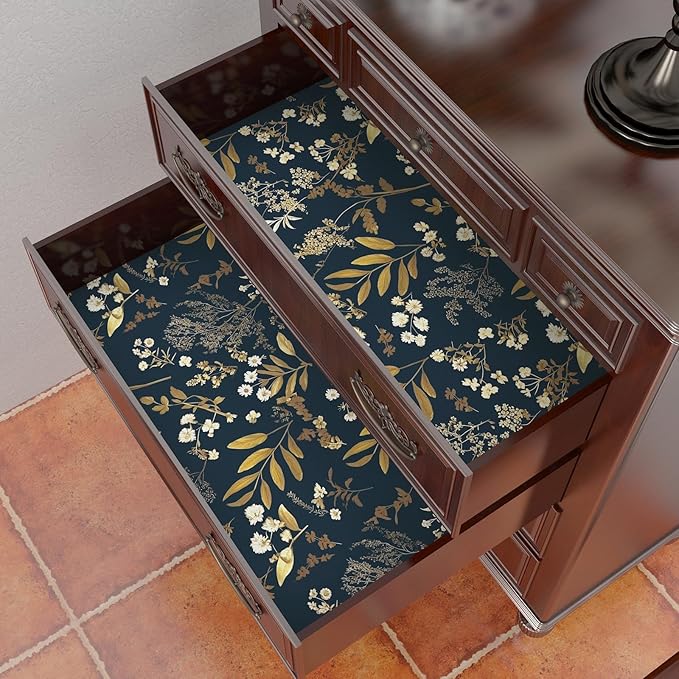 Dark Blue Leaf Wallpaper Peel and Stick Dark Floral Wallpaper for Bedroom Vintage Leaf Contact Paper Waterproof Self Adhesive Boho Floral Wall Paper for Bedroom Walls Countertop 17.5in x 118in