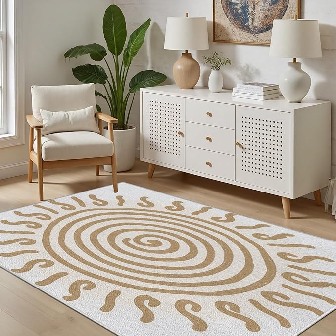 Boho Washable Rugs for Bedroom 4x6, Modern Sun Print Soft Minimalism Area Rug, Non Slip Low Pile Abstract Carpet for Classroom Living Room Decor Dining Room, Beige Yellow