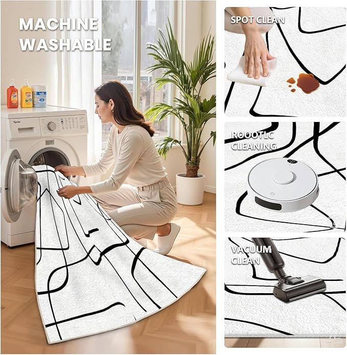 Black and White Rug - Abstract Area Rug, Black and White Rugs for Living Room, Modern Minimalist Washable Rugs, Contemporary Carpet Non Slip Home Decor, Curve 7x9
