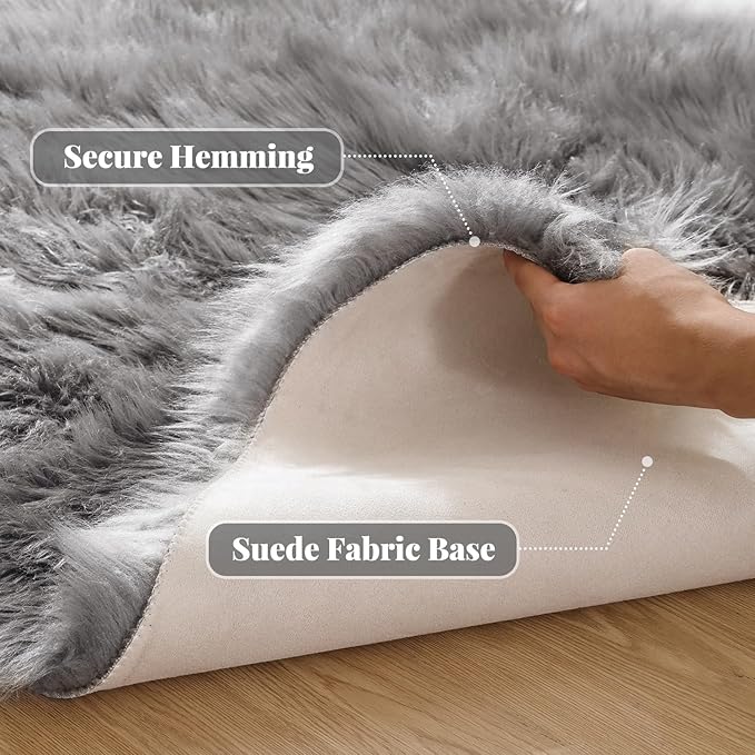Round Rugs 6ft Silver Grey Fuzzy Faux Sheepskin Washable Furry Fur Area Rugs for Bedroom Large Boho Circle Nursery Rug