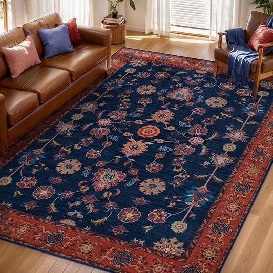 Tangsoo Floral Area Rug 5x7 Machine Washable Red Blue Rug Non-Slip Vintage Distressed Boho Print, Low Pile Carpet for Living Room, Bedroom, Dining Room, Pet & Child Friendly (Red Blue)