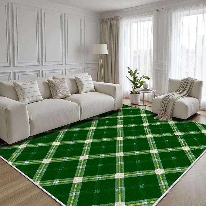 Plaid Rug - 6x8 Rug for Living Room, Geometric Stripes Soft Neutral Indoor Floor Carpet, Non-Slip Stain Resistant Modern Washable Rugs for Bedroom, Green Area Rugs