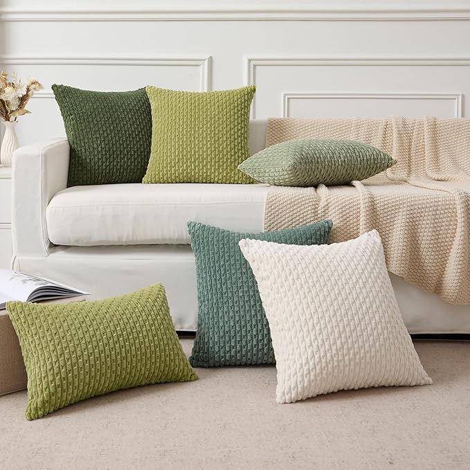 Kevin Textile Spring Decorative Pillow Covers Set of 2 Striped Plush Corduroy Pillows Pillowcases Boho Home Decor Cushion Covers for Couch Sofa Bed Living Room 18x18 Inch, Grass Green