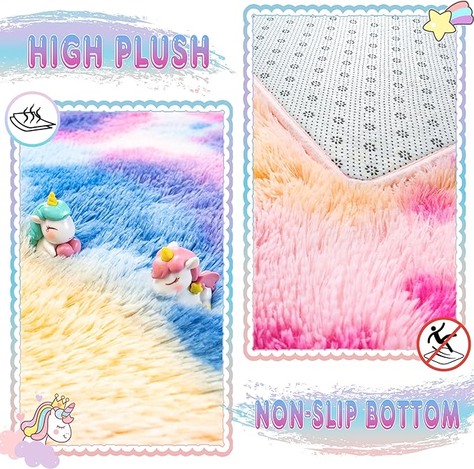 Super Fluffy Rug for Bedroom, 4x6 Shag Fuzzy Area Rug for Living Room Bedroom, Plush Soft Carpet for Girls Boys Kids, Non Slip Throw Rugs for Dorm, Modern Home Decor Aesthetic, Dark Rainbow