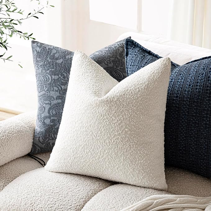 Foindtower Decorative Boucle Throw Pillow Covers Accent Solid Pillow Cases Cozy Soft Textured Couch Cushion Case for Chair Sofa Bedroom Living Room Home Decor 22 x 22 Inch,White