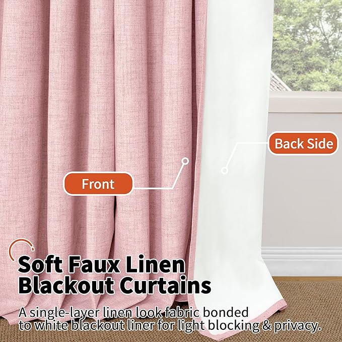 Lajode Baby Pink Linen Blackout Curtains for Girls Bedroom 84 Inch Length 2 Panels, Thermal Insulated Full Room Darkening Noise Reducing Privacy Grommet Window Curtains for Nursery, Each 52 Inch Wide