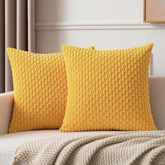 Kevin Textile Decorative Pillow Covers Soft Striped Velvet Throw Pillow Covers Set of 2 Cushion Cover for Chair 18 x 18 Inch Yellow