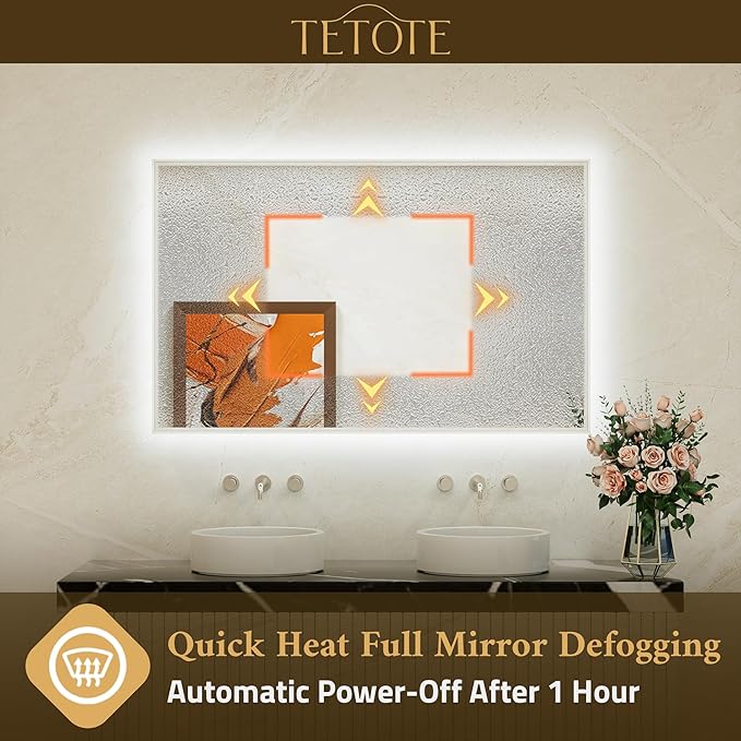 TETOTE 72 x 36 Backlit Bathroom Mirror Brushed Nickel Metal Frame LED Light Vanity 3-Color White/Warm/Natural Stepless Dimmable Anti-Fog Backlight Mirror Wall-Mounted