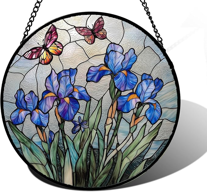 DASTOLL Stained Glass Window Hanging, Blue Iris Flowers Butterfly Suncatcher Diamond Colorful Glass Panel Sun Catchers Decor for Birthday for Women, Men, Wife, Aunt, and Mom 9.8 in