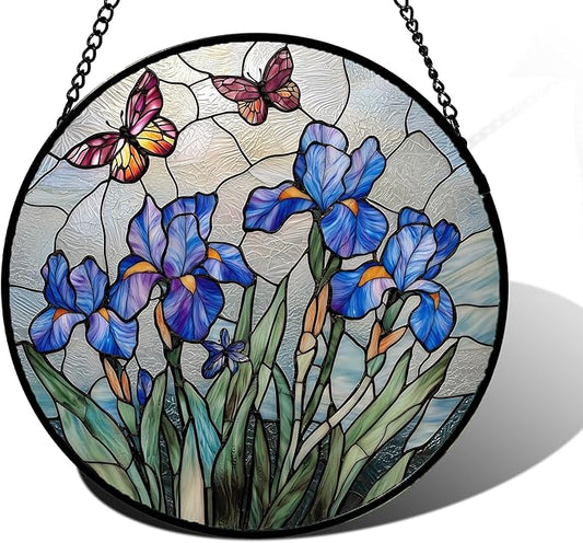 DASTOLL Stained Glass Window Hanging, Blue Iris Flowers Butterfly Suncatcher Diamond Colorful Glass Panel Sun Catchers Decor for Birthday for Women, Men, Wife, Aunt, and Mom 7.8 in