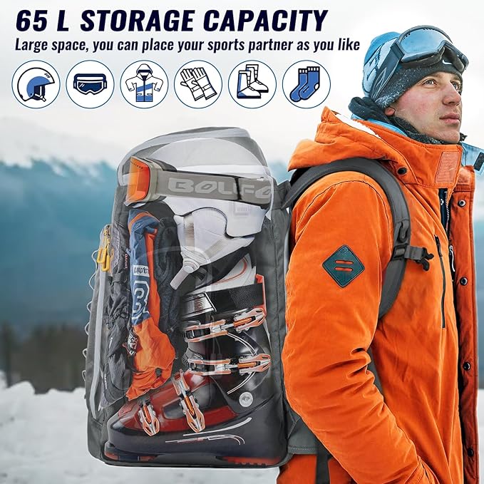 Ski Boot Bag, 65L Durable Travel Backpack, 1680D Nylon Waterproof Snowboard Boot Bag, Skiing and Snowboarding Travel Luggage for Helmet, Goggles, Gloves, Outerwear & Accessories