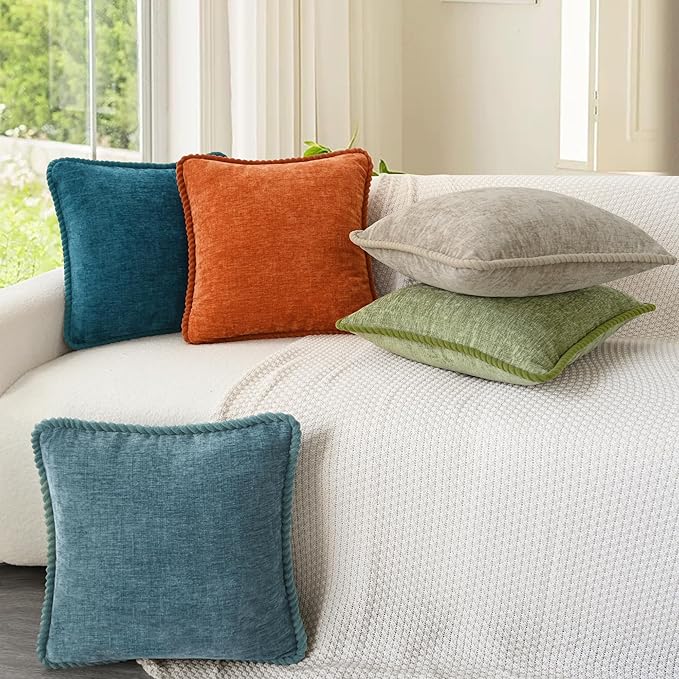 CaliTime Decorative Couch Throw Pillow Covers 16 X 16 Inches Pack of 2 Cozy Chenille Piping Edge Cushion Cases for Sofa Bed Living Room Home Sage Green