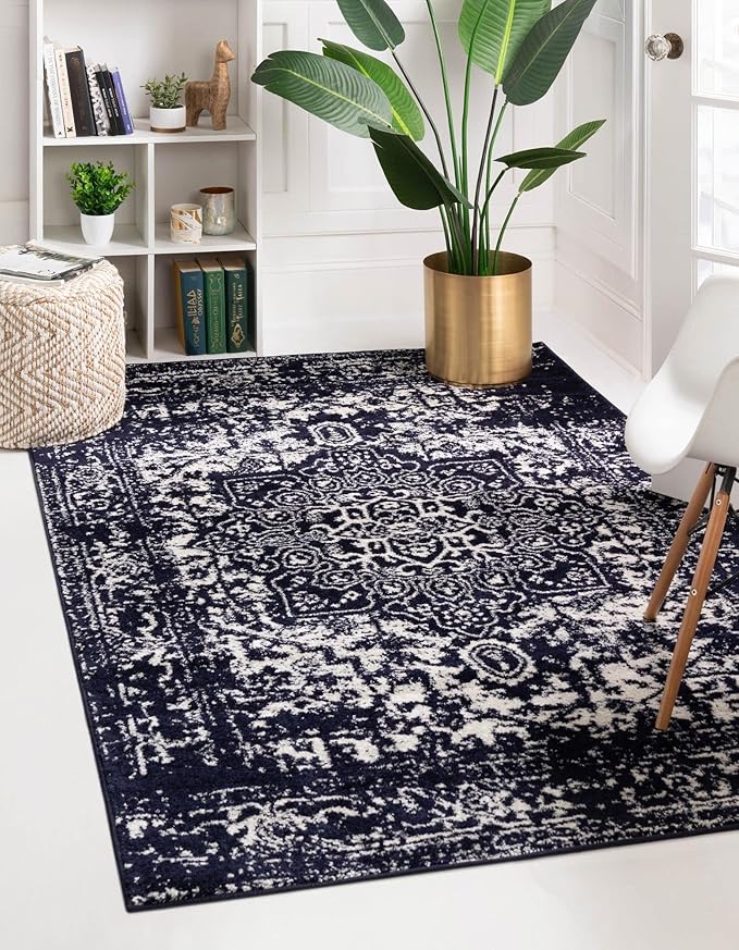 Rugs.com Arlington Collection Rug – 6' x 9' Navy Blue Medium-Pile Rug Perfect for Living Rooms, Large Dining Rooms, Open Floorplans