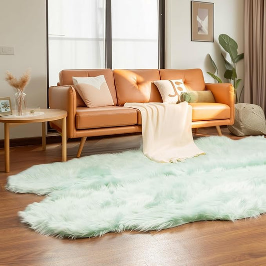4 x 6 ft Fluffy Mint Green Faux Sheepskin Rug – Large Faux Fur Carpet for Bedroom or Living Room – Plush and Inviting Sheepskin Decor