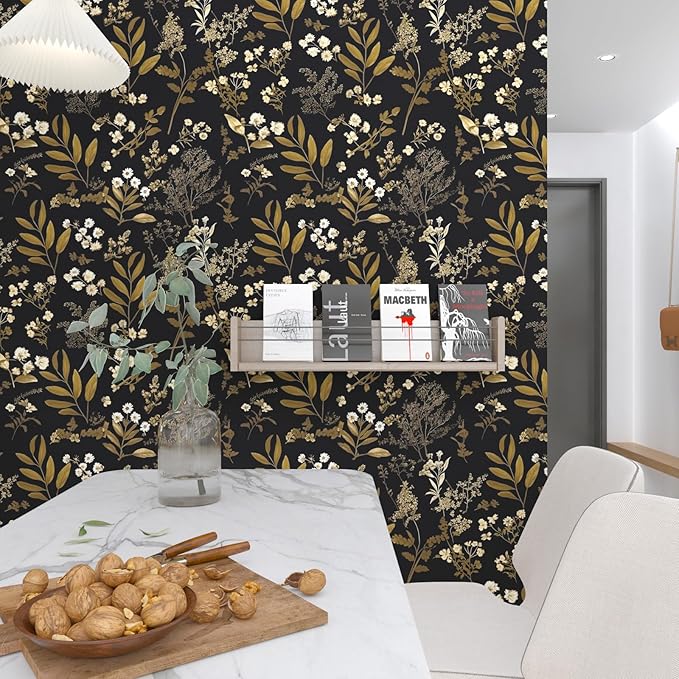 Leaf Wallpaper Peel and Stick Dark Floral Wallpaper 17.5in x 197in Vintage Leaf Contact Paper Vinyl Waterproof Self Adhesive Boho Botanical Wall Paper for Bedroom Cabinet Décor