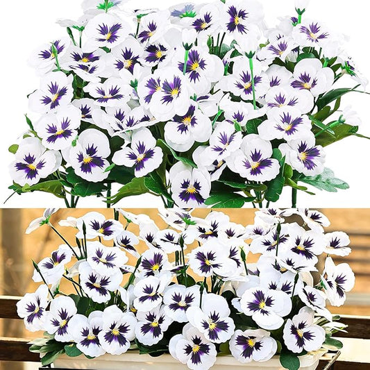QIANYUN Fake Flowers Pansy Small Wild Flower Daisy Faux Plastic Purple Flowers for Home Wedding Kitchen Garden Table Centerpieces Indoor Outdoor Decor (8PCS,White)