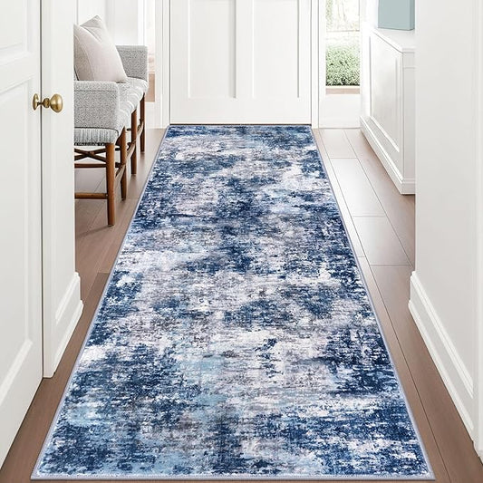 Modern Abstract Hallway Runner Rug, Grey Navy Blue 3x8 Runner Rug, Washable Kitchen Runner Non-Slip Soft Thin Print Faux Wool Carpet for Entryway Bedroom Laundry Room Indoor