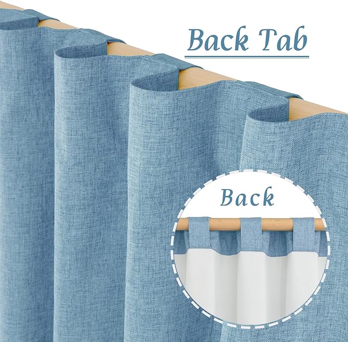 LAMIT 100% Blackout Linen Curtains, 72 Inches Linen Textured Thermal Bedroom Curtains Back Tab and Rod Pocket Neutral Panels with White Liner for Boys' Room, 2 Panels, 52 x 72 Inch, Blue