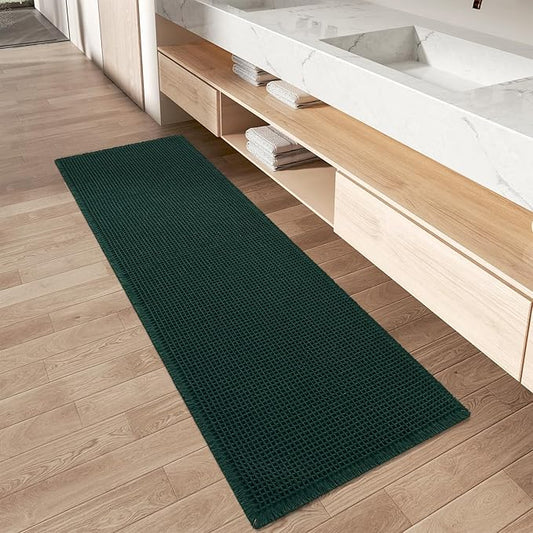 Upgraded Waffle Runner Rug, Super Absorbent Non Slip Bath Mats for Bathroom Floor Machine Washable Bathroom Runner Rug with Tassels Ideal for Hallway Bedroom Laundry Room, Dark Green, 2'x6'(24" x 72")