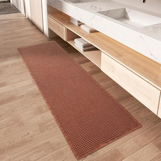 Upgraded Waffle Runner Rug Super Absorbent Non Slip Bath Mats for Bathroom Machine Washable Bathroom Runner Rug with Tassels, Ideal for Hallway Bedroom Laundry Room, Dirty Orange, 2'x 6'(24" x 72")