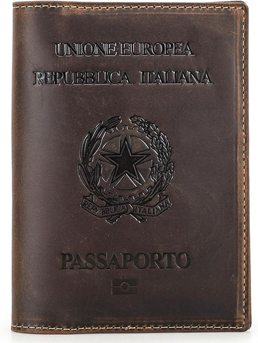 Top Grain Leather Single Travel Passport Wallet Embossing Badge for Unisex, Folio Design for Passport & Multi Cards, RFID Blocking for Passport/Cards/Checks/Bills/AirTag, Coffee Default, IT