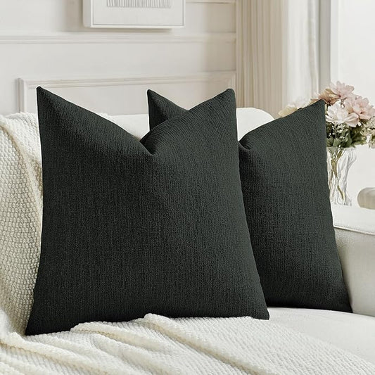 FUTEI Black Chenille Decorative Throw Pillow Covers 22x22 Inch Set of 2,Soft Cozy Faux Linen Textured Cushion Case,Farmhouse Home Decor for Couch Living Room