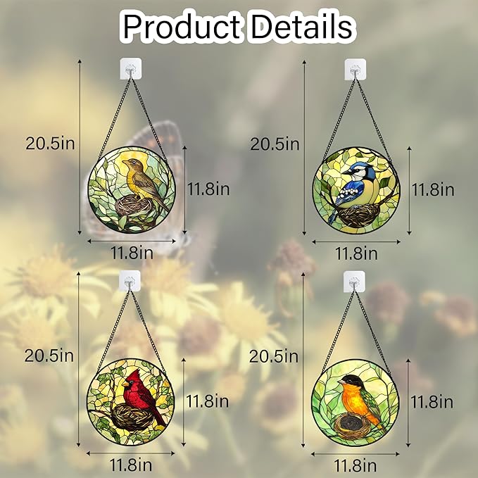 DASTOLL Stained Glass Window Hanging 4 Pcs Set Bird Theme On Branch Large 11.8" - Cardinal Suncatcher Door Garden Sun Catcher Decor Birthday Christmas for Mom Woman Nana Men