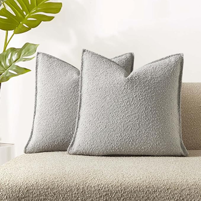 JUSPURBET 18x18 Throw Pillow Covers Set of 2 Decorative Pillow Covers for Couch Sofa Bed Cozy Boucle Textured Cushion Covers Cases with Invisible Zipper for Living Room Home Decor,Silver Grey