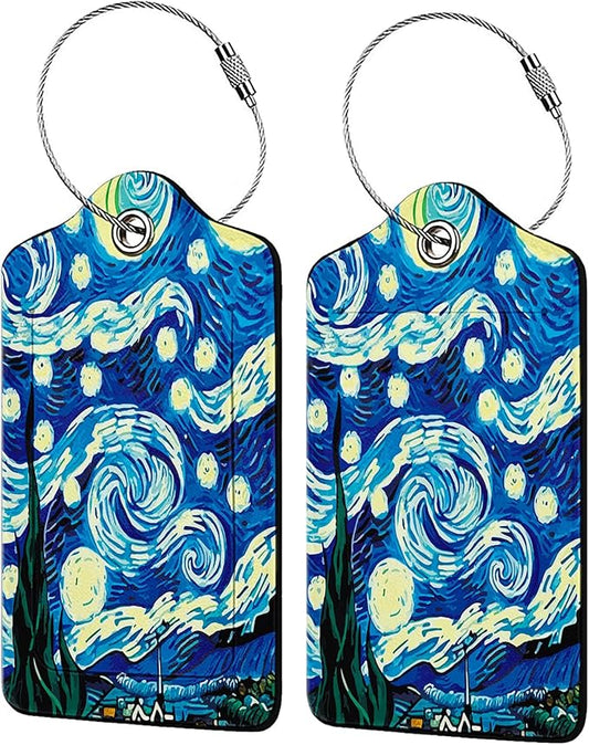 The Starry Night 2 Pack Luggage Tag for Suitcase, Cute Unique Leather Bag Tags Identifiers Privacy Cover ID Label with Steel Loop for Women Men Kids Girls Travel