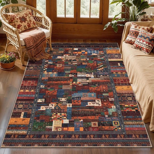 Tangsoo 3x5 Washable Rug, Vintage Throw Rugs Non Slip, Soft Low Pile Floor Rug Tribal Indoor Area Rugs Carpet for Living Room Bedroom Office Laundry Bedside Entrance Entryway(Red Multi)