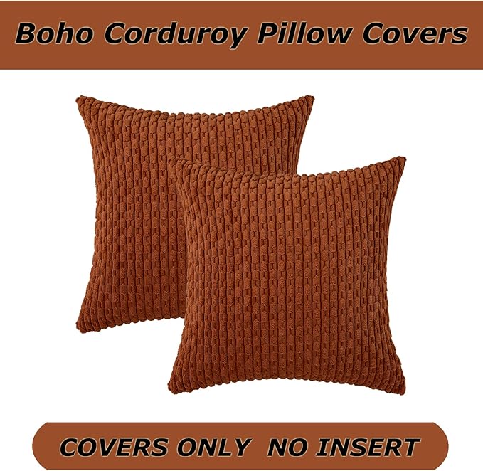 Kevin Textile Fall Throw Pillow Covers Soft Corduroy Decorative Set of 2 Boho Striped Pillow Covers Pillowcases Farmhouse Home Decor for Couch Bed Sofa Living Room 20x20 Inch Rust Brown