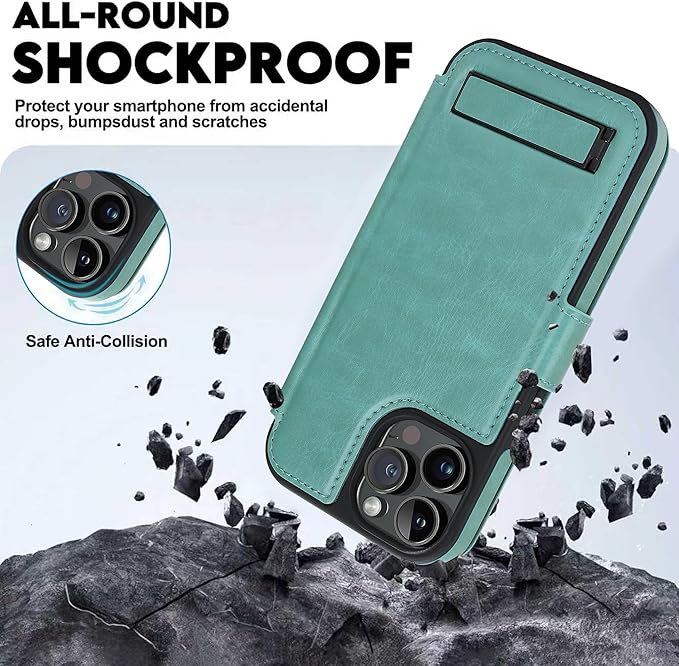 CIVICASE for iPhone 15 Pro Max Wallet Case with Stand,PU Leather Flip Credit Card Holder Slots (RFID Blocking),Compatible with Magsafe Magnetic Holder Phone Cover Women Men,Green