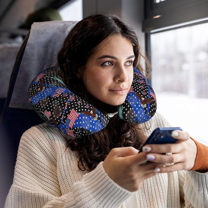 Comfortable Travel Pillow for Pain Relief Sleeping, Memory Foam Airplane Car Neck Pain Pillows Thin Blue Line American Flag and Bald Eagle, Funny Chin Head Support Cushion