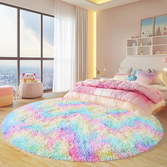 Round Fluffy Rugs 4Ft for Girls Bedroom, Rainbow Shag Circle Kids Rug Non-Slip for Bedside Dorm Nursery Playroom, Soft Cute Area Rugs for Living Room Decor