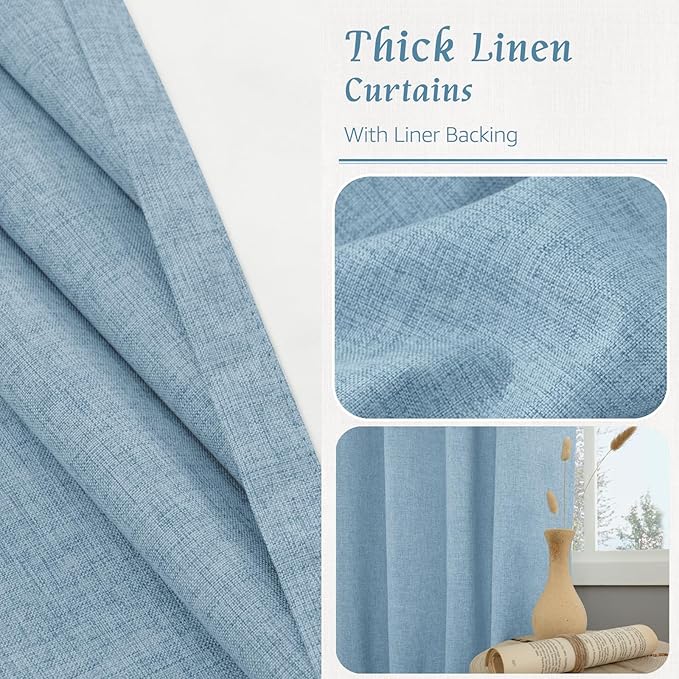 LAMIT Linen Full Blackout Window Curtains for Bedroom, 54 Inches Thermal Farmhouse Curtains Back Tab and Rod Pocket Privacy Protected Burlap Panels with White Liner, 2 Panels, 38 x 54 Inch, Stone Blue
