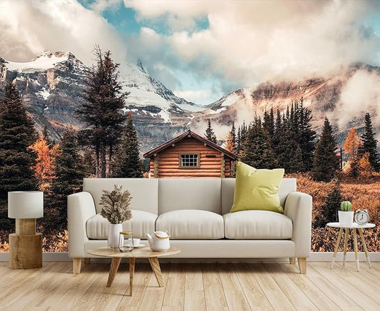Assiniboine Mountain Chalet Mural in Autumn Forest for Living Room, Dining Room, Bathroom Backdrop Decoration（Non-self-Adhesive）