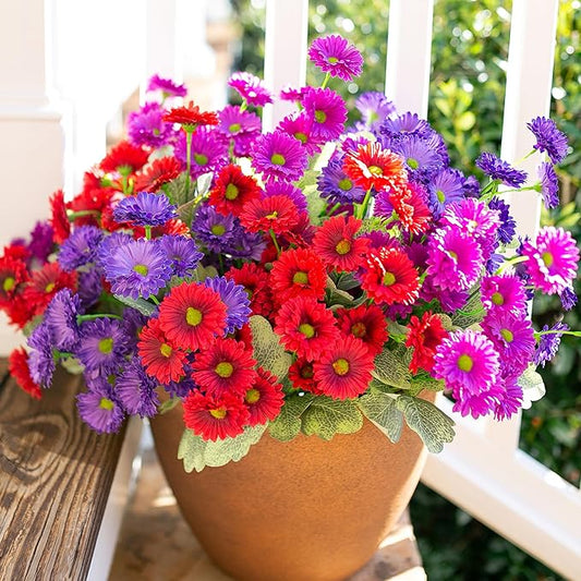 HyeFlora Artificial Flowers for Outdoors Fake Plants Spring Outside Decoration, 6 Bundles Dahlia Silk Daisy Realistic UV Resistant Faux Flowers for Outdoor Planter Balcony Porch Yard Garden Home, Mix