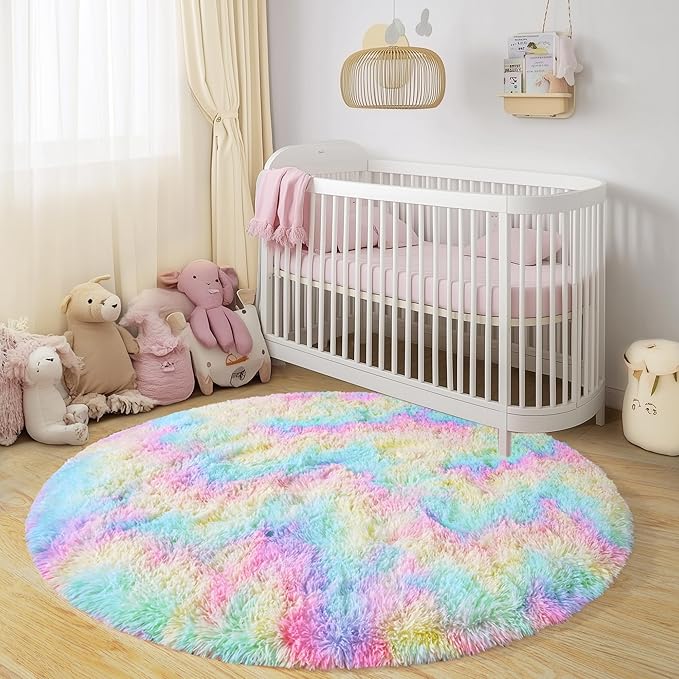 Round Fluffy Rugs 5Ft for Girls Bedroom, Rainbow Shag Circle Kids Rug Non-Slip for Bedside Dorm Nursery Playroom, Soft Cute Area Rugs for Living Room Decor