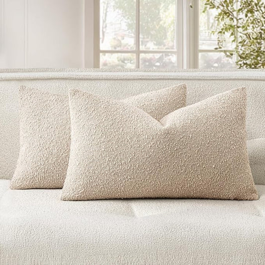 Woaboy Pack of 2 12x20 Inch Decorative Boucle Throw Pillow Covers Textured Lumbar Pillowcaes Accent Solid Cozy Soft Cushion Covers Home Decor for Sofa Couch Living Room Home Decor,Neutral